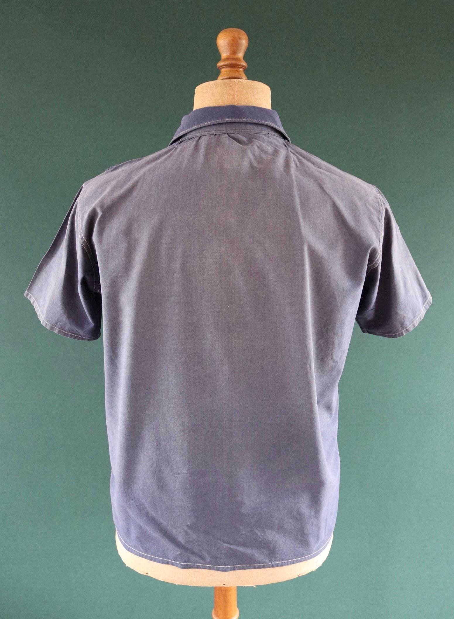 Vintage 1940s French workwear shirt - faded blue chambray cotton - darned and repaired - 43” chest