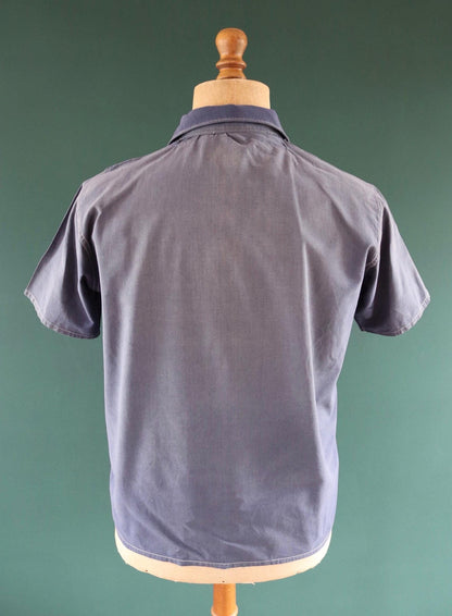 Vintage 1940s French workwear shirt - faded blue chambray cotton - darned and repaired - 43” chest