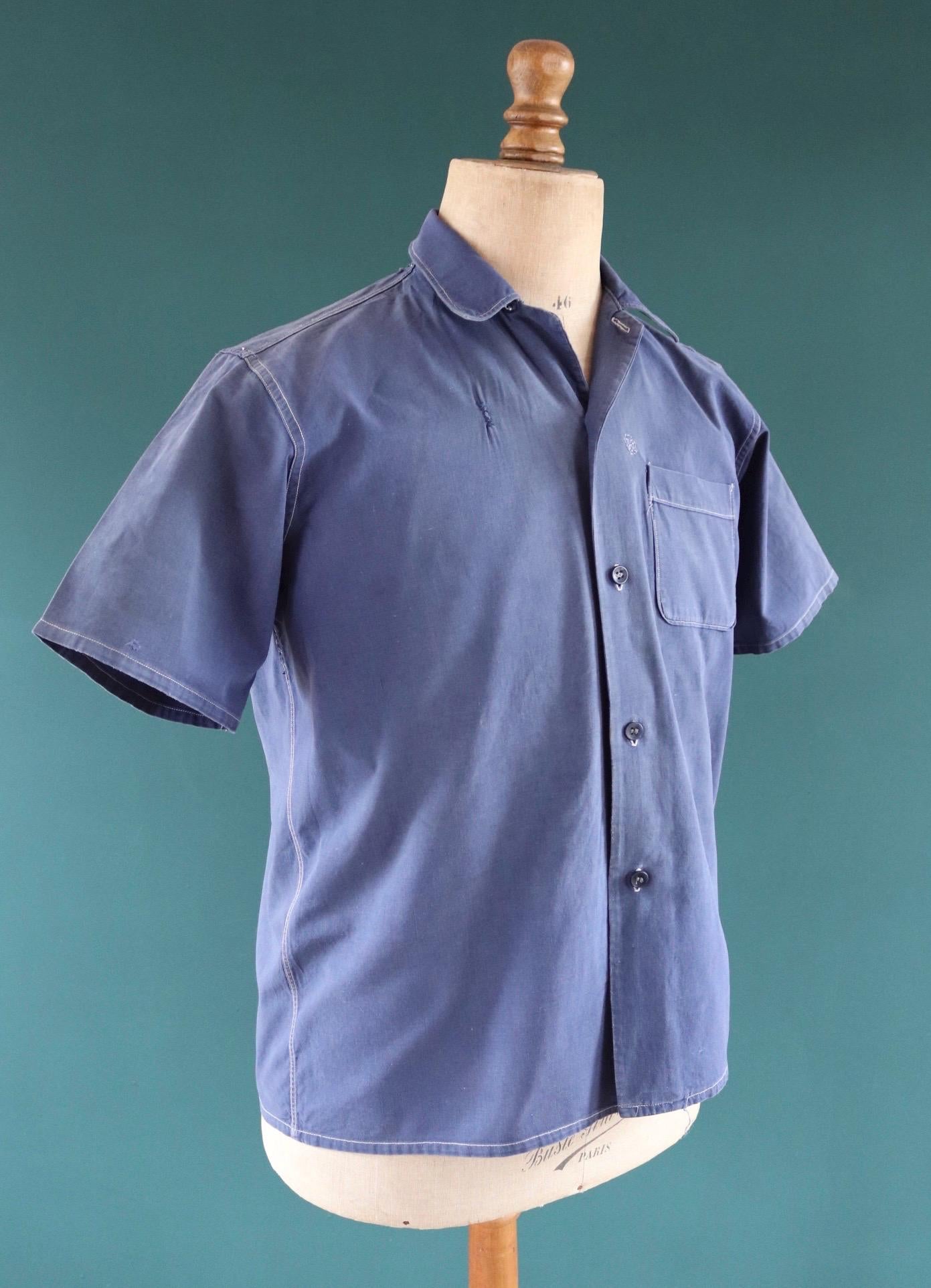 Vintage 1940s French workwear shirt - faded blue chambray cotton - darned and repaired - 43” chest