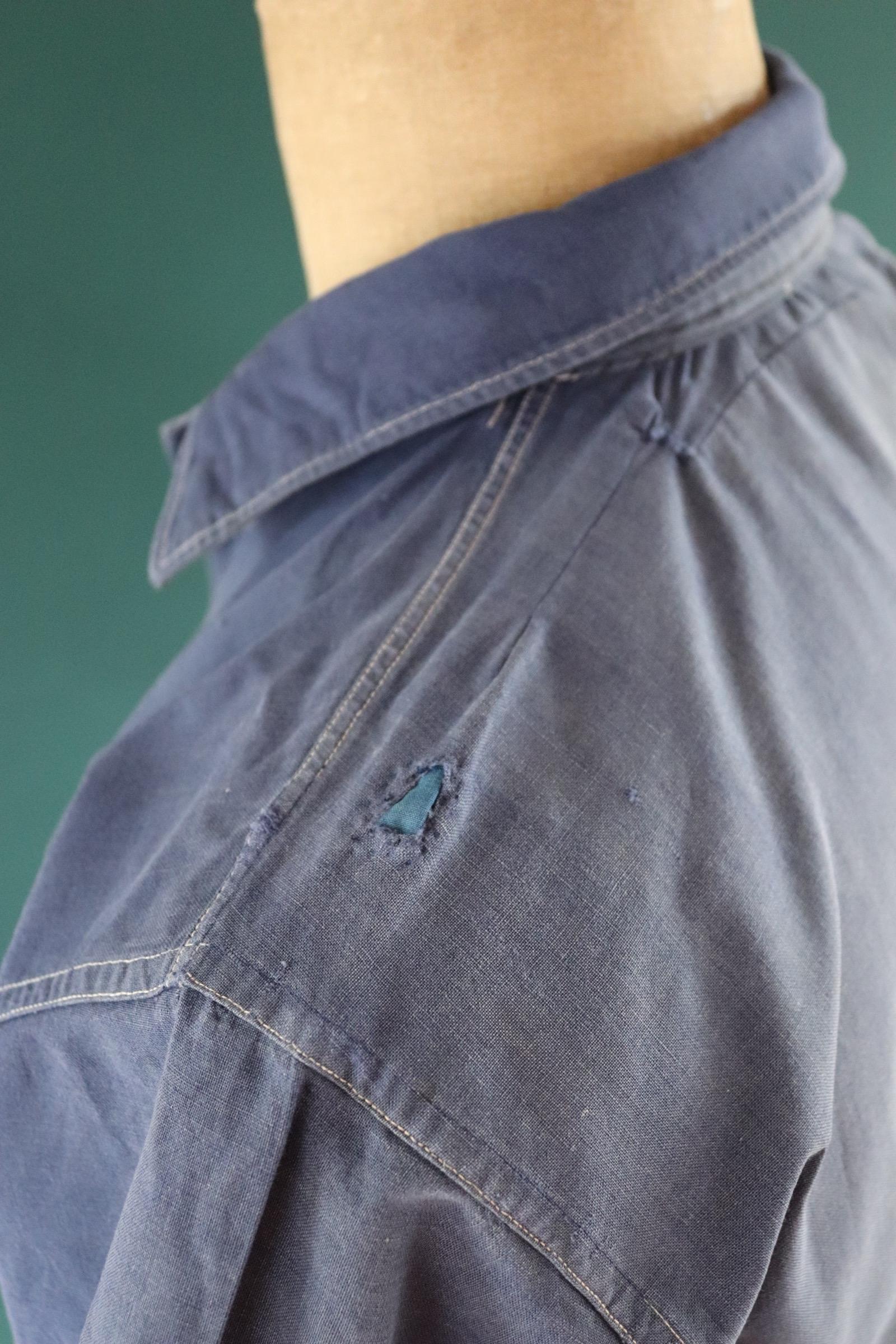 Vintage 1940s French workwear shirt - faded blue chambray cotton - darned and repaired - 43” chest
