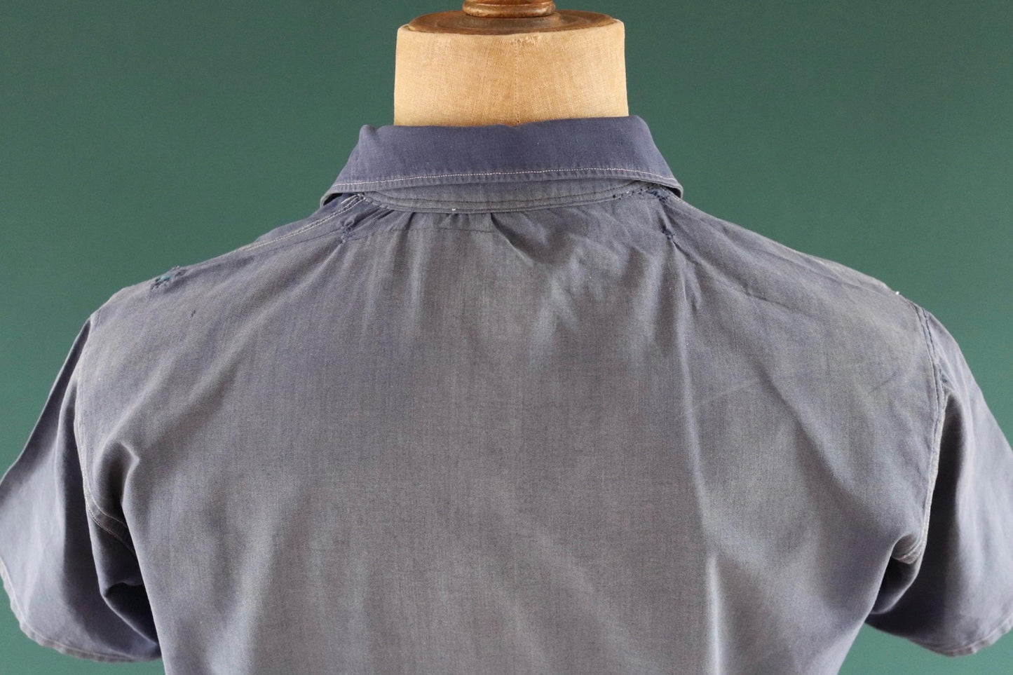 Vintage 1940s French workwear shirt - faded blue chambray cotton - darned and repaired - 43” chest