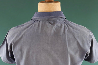 Vintage 1940s French workwear shirt - faded blue chambray cotton - darned and repaired - 43” chest