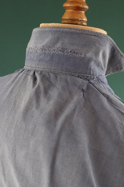 Vintage 1940s French workwear shirt - faded blue chambray cotton - darned and repaired - 43” chest