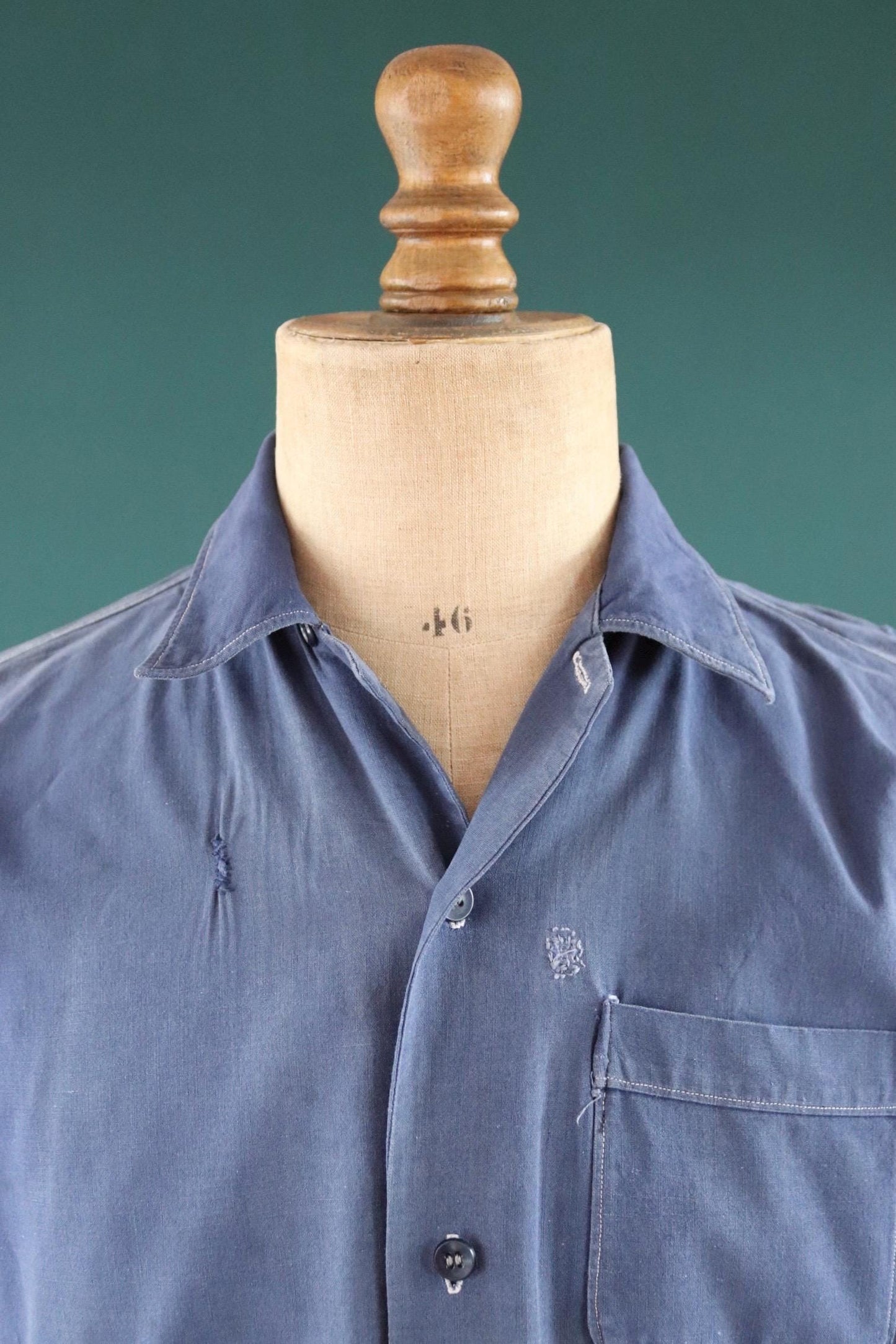 Vintage 1940s French workwear shirt - faded blue chambray cotton - darned and repaired - 43” chest