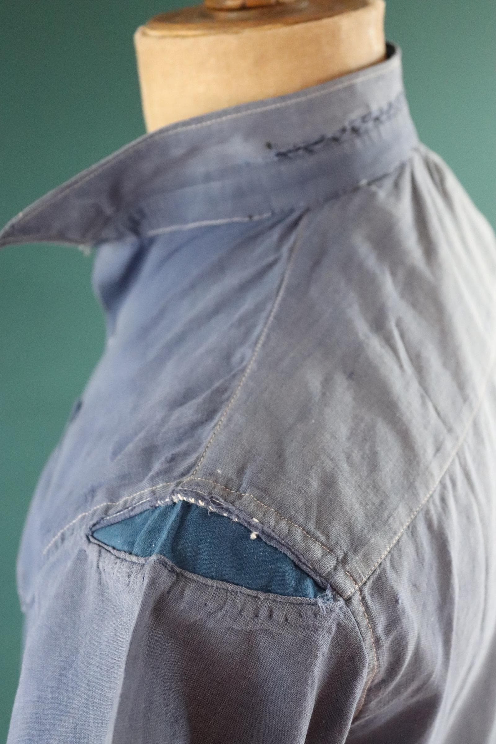 Vintage 1940s French workwear shirt - faded blue chambray cotton - darned and repaired - 43” chest