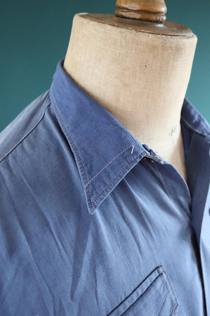Vintage 1940s French workwear shirt - faded blue chambray cotton - darned and repaired - 43” chest