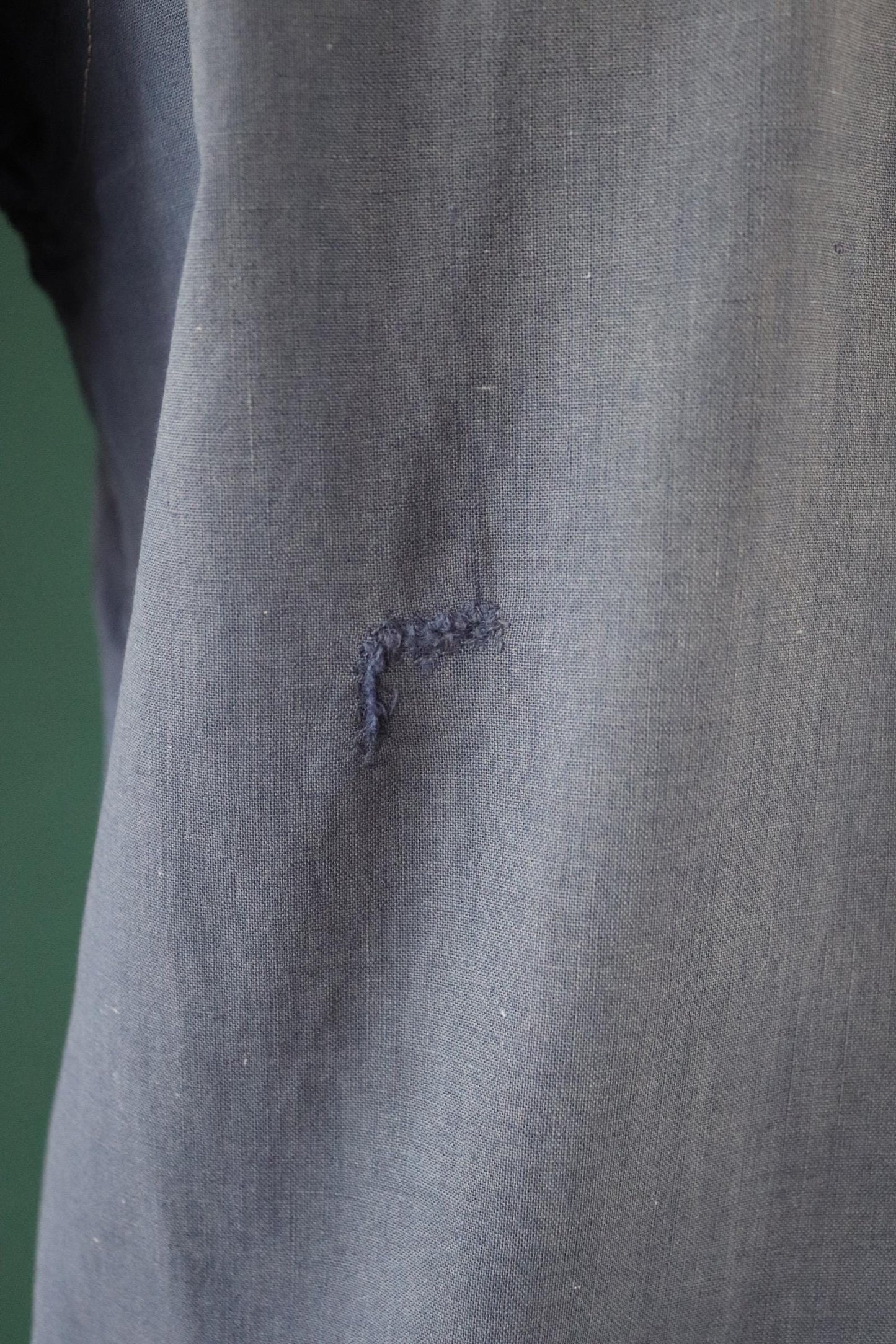 Vintage 1940s French workwear shirt - faded blue chambray cotton - darned and repaired - 43” chest