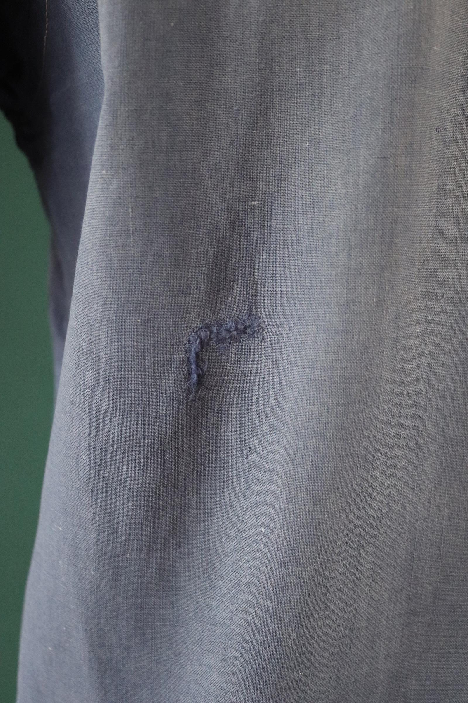 Vintage 1940s French workwear shirt - faded blue chambray cotton - darned and repaired - 43” chest