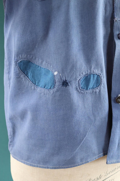 Vintage 1940s French workwear shirt - faded blue chambray cotton - darned and repaired - 43” chest