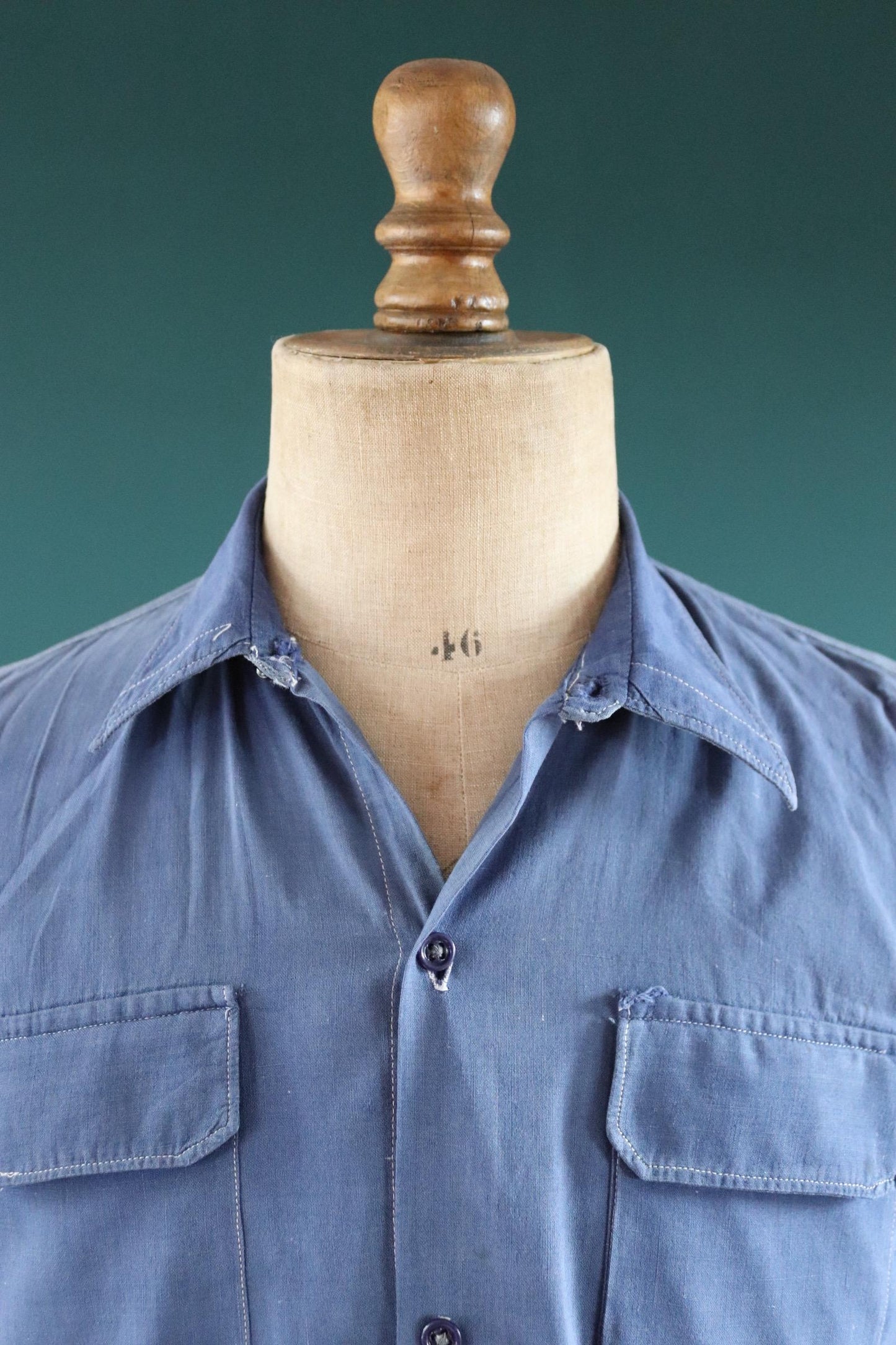 Vintage 1940s French workwear shirt - faded blue chambray cotton - darned and repaired - 43” chest
