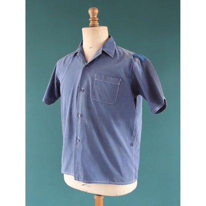 Vintage 1940s French workwear shirt - faded blue chambray cotton - darned and repaired - 44” chest
