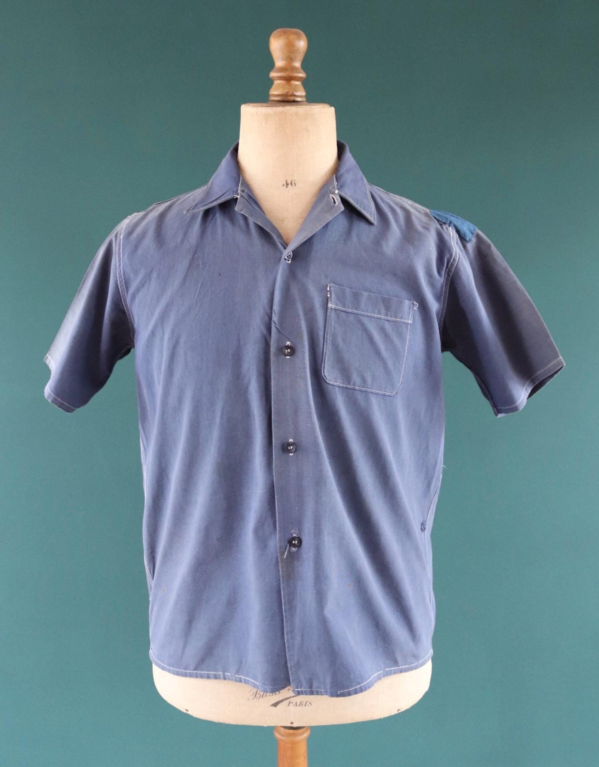 Vintage 1940s French workwear shirt - faded blue chambray cotton - darned and repaired - 44” chest