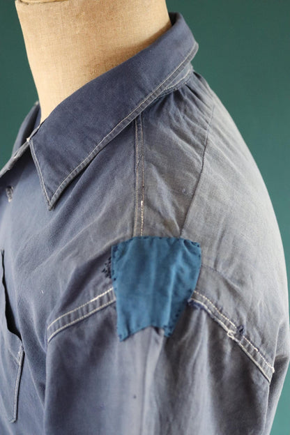 Vintage 1940s French workwear shirt - faded blue chambray cotton - darned and repaired - 44” chest