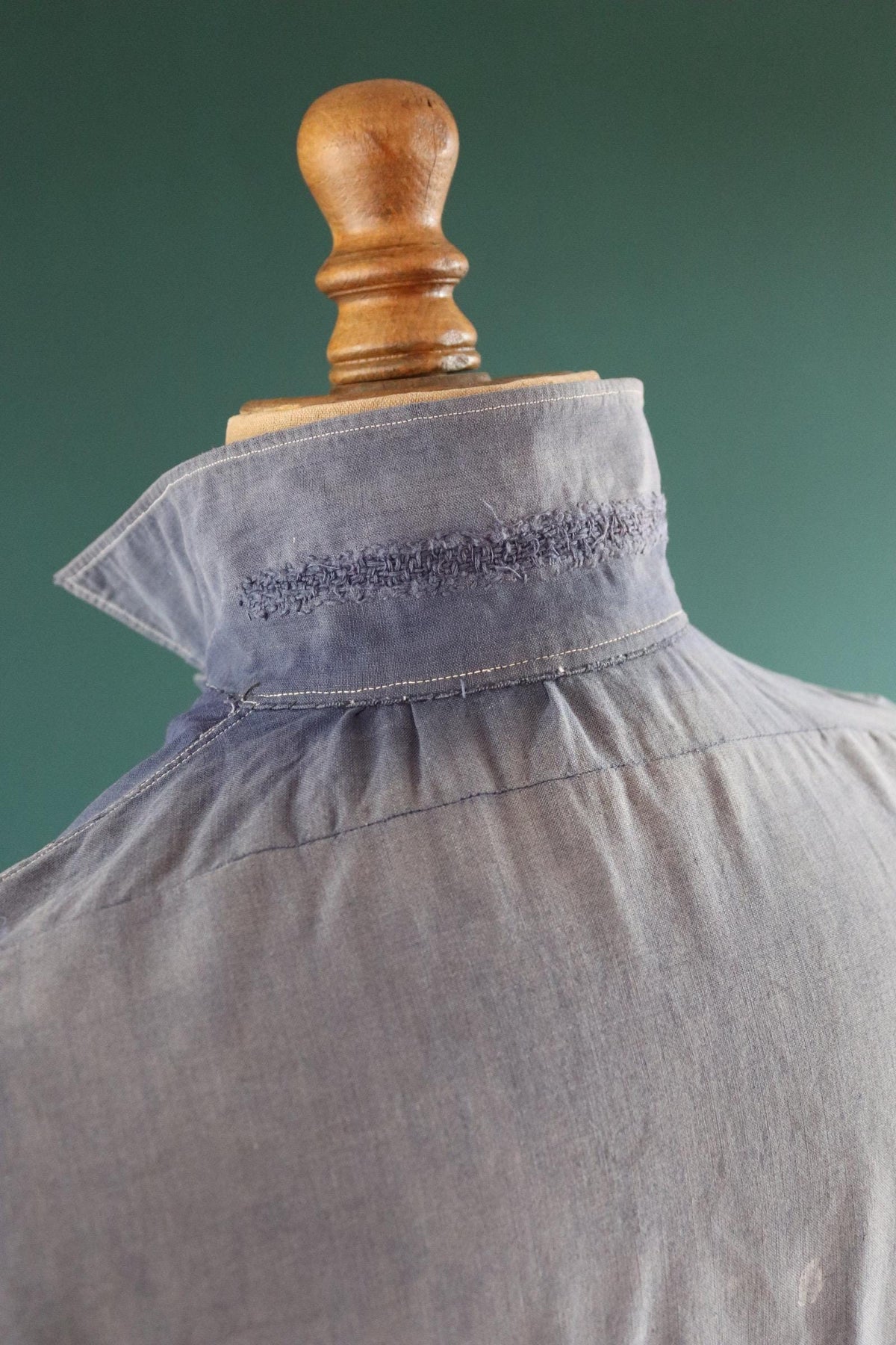 Vintage 1940s French workwear shirt - faded blue chambray cotton - darned and repaired - 44” chest