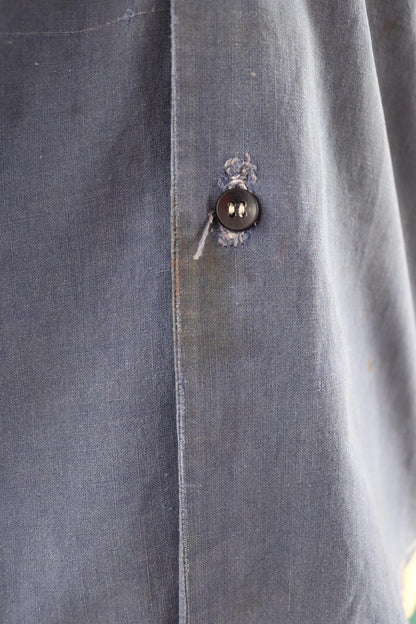 Vintage 1940s French workwear shirt - faded blue chambray cotton - darned and repaired - 44” chest