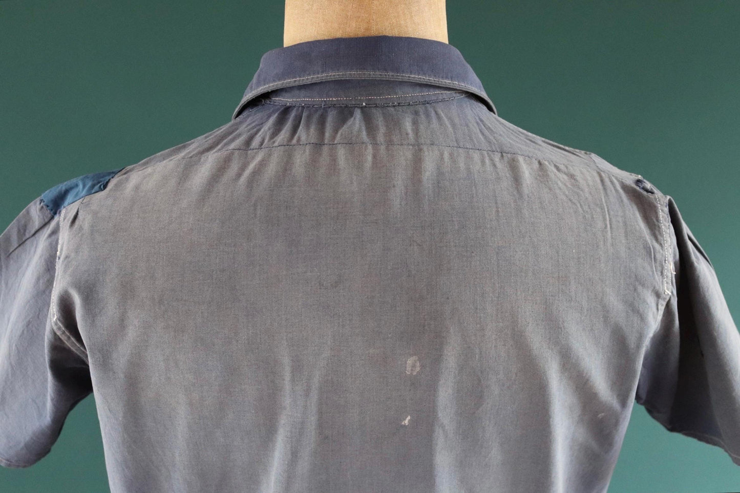 Vintage 1940s French workwear shirt - faded blue chambray cotton - darned and repaired - 44” chest