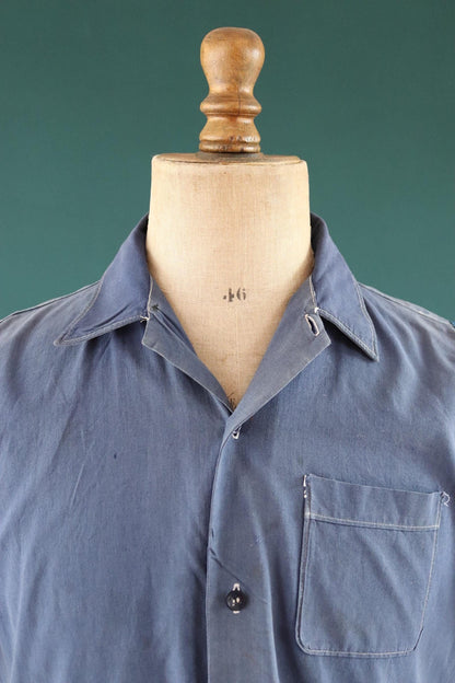 Vintage 1940s French workwear shirt - faded blue chambray cotton - darned and repaired - 44” chest