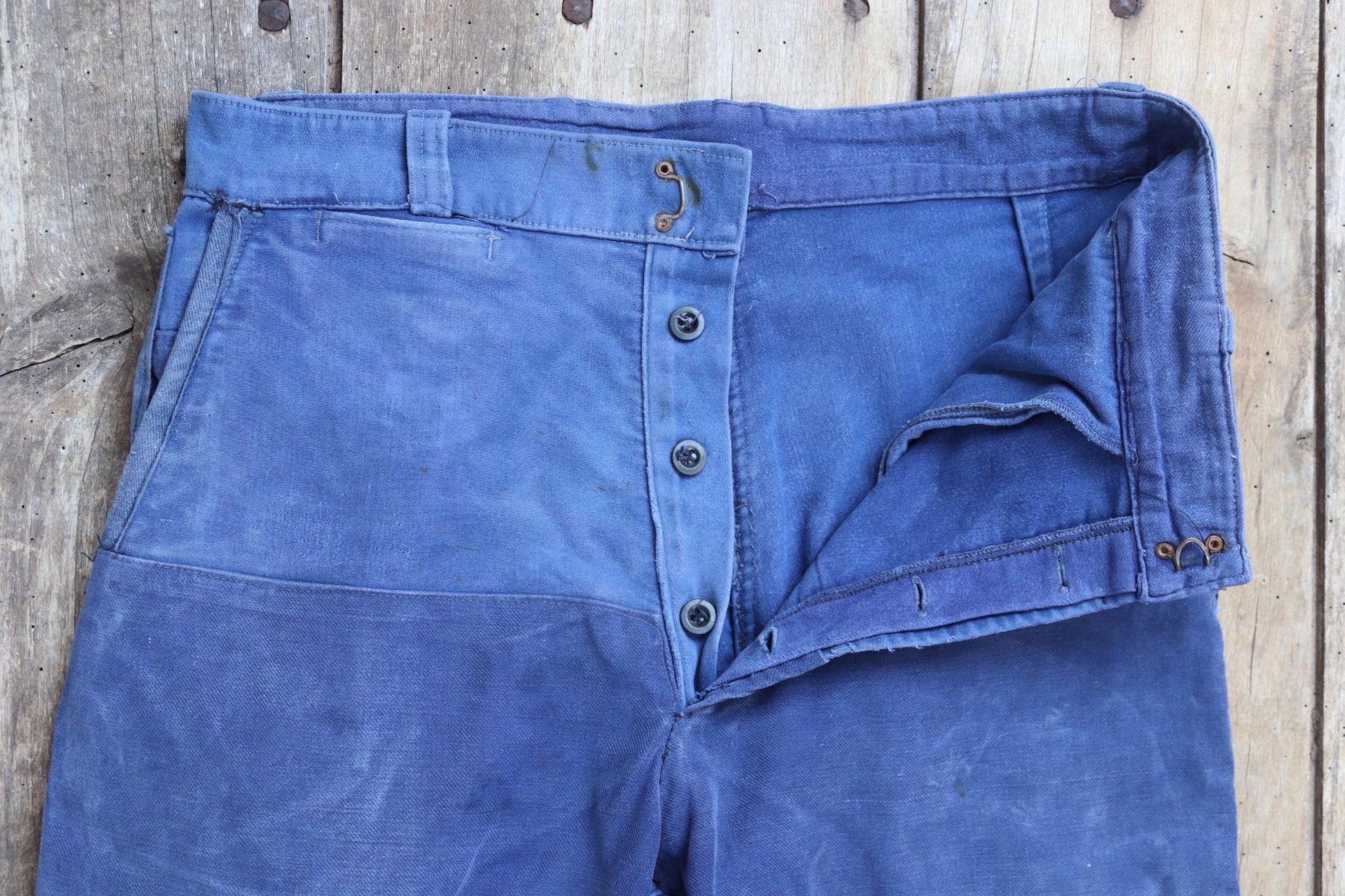 Vintage 1950s French workwear trousers - blue moleskin chore pants - 30” x 25”