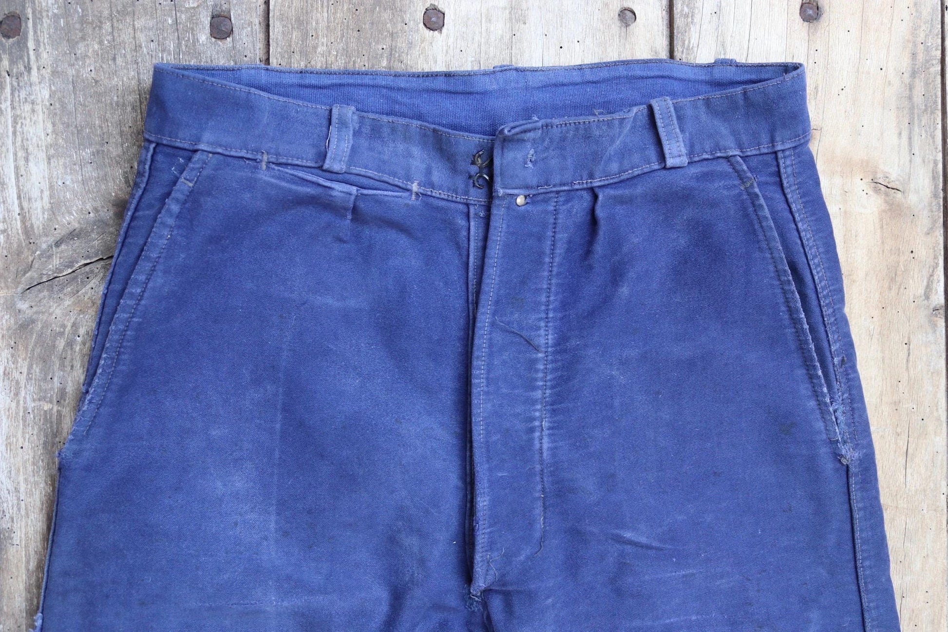 Vintage 1960s French workwear trousers - blue moleskin chore pants - 31” x 26”