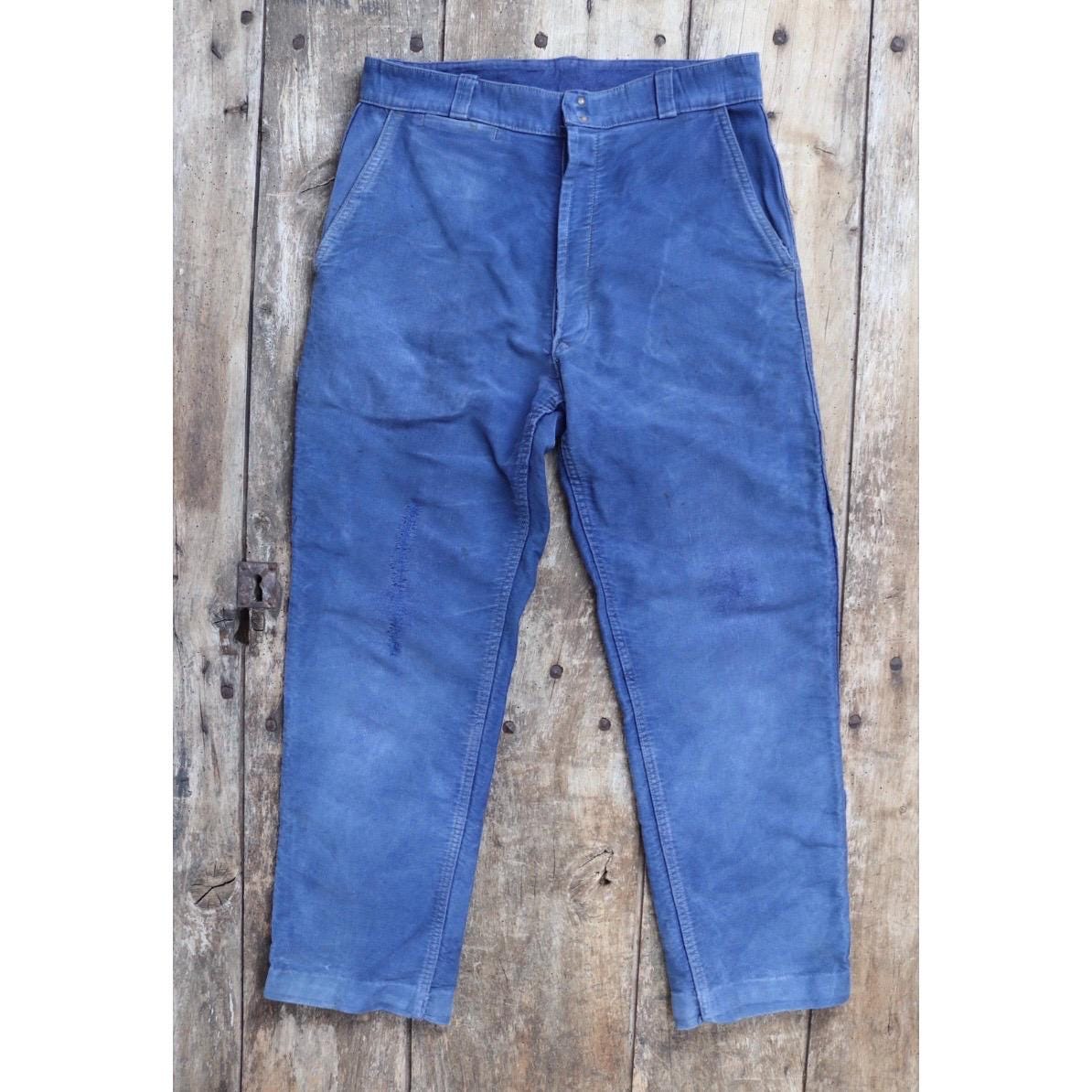 Vintage 1960s French workwear trousers - blue moleskin chore pants - 31” x 27”