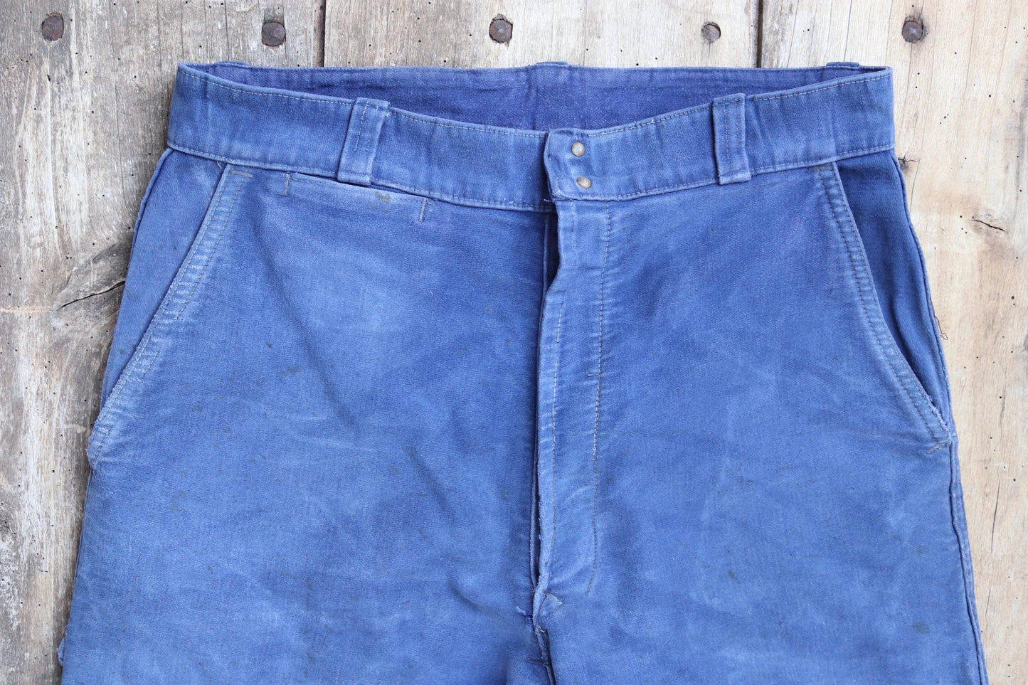 Vintage 1960s French workwear trousers - blue moleskin chore pants - 31” x 27”