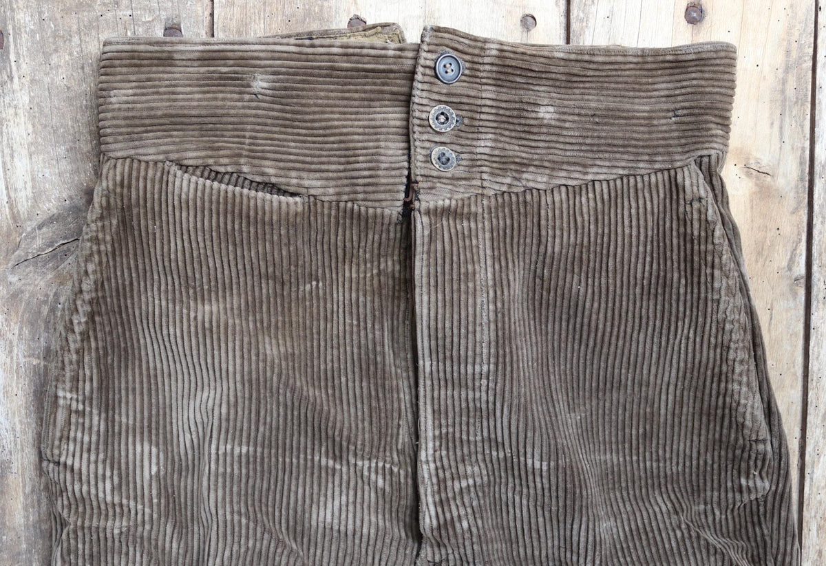 Vintage 1920s French workwear trousers - buckle back - corduroy chore pants - 33” x 26”