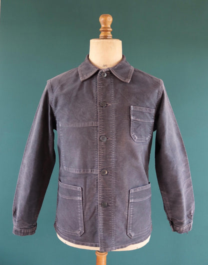 Vintage black moleskin chore jacket - Le Mont St Michel - 1950s French workwear coat - 41" chest