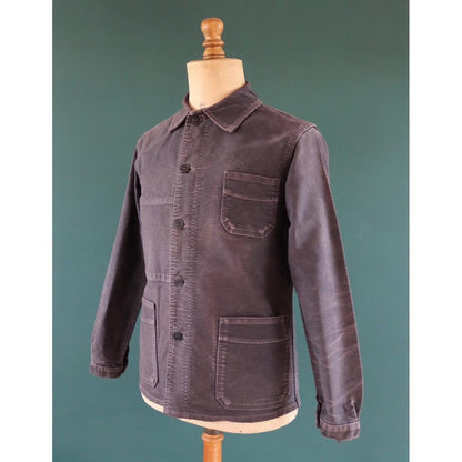 Vintage black moleskin chore jacket - Le Mont St Michel - 1950s French workwear coat - 41" chest