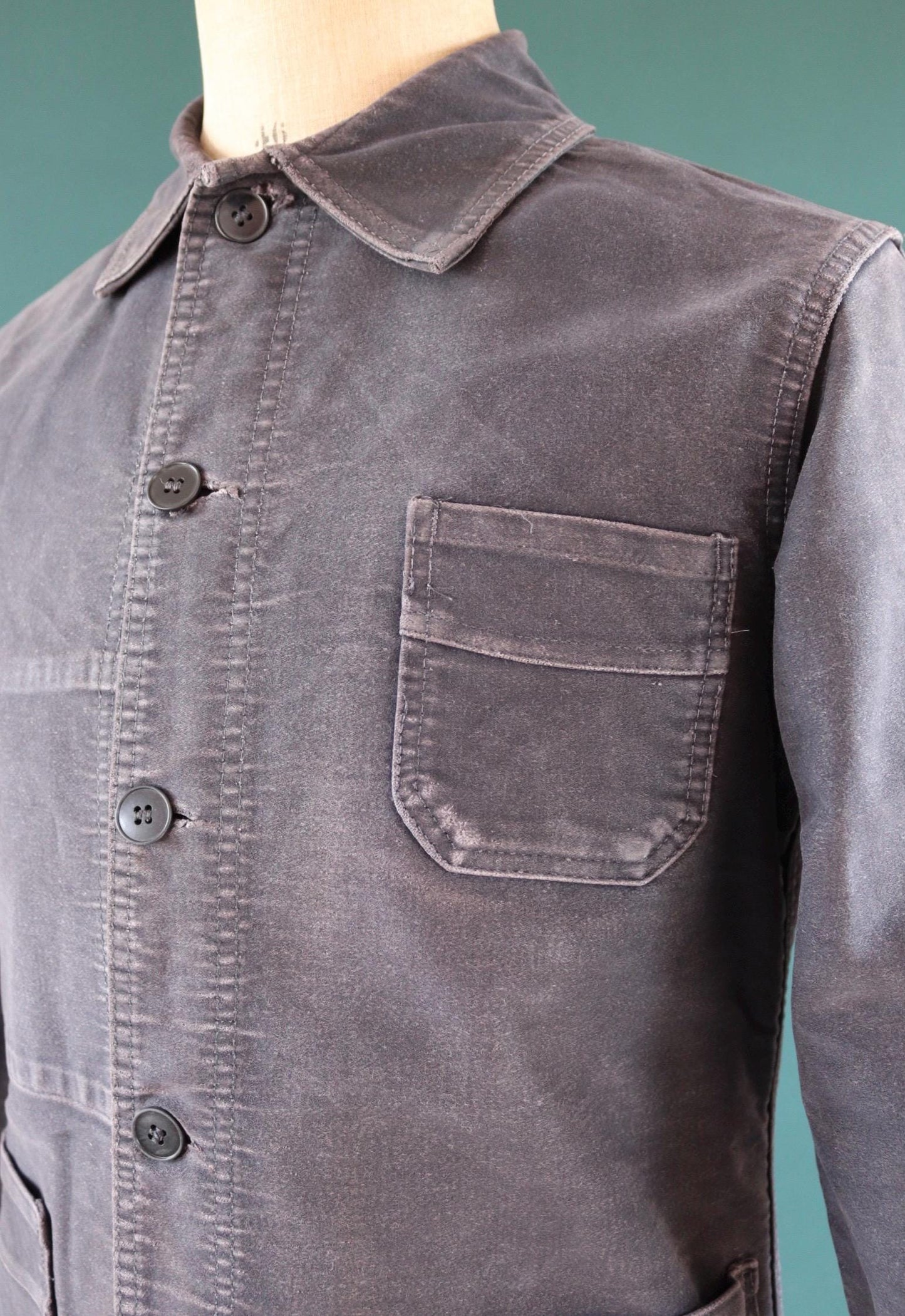 Vintage black moleskin chore jacket - Le Mont St Michel - 1950s French workwear coat - 41" chest