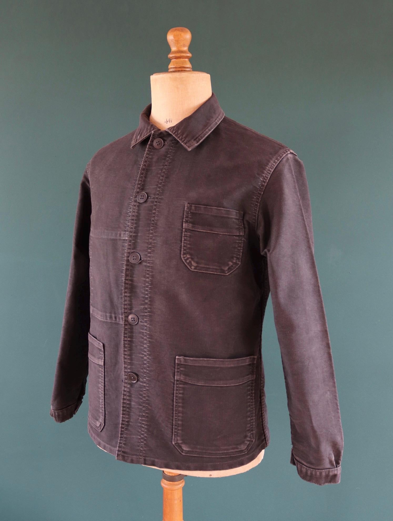 Vintage black moleskin chore jacket - Le Mont St Michel - 1940s French workwear coat - 42" chest