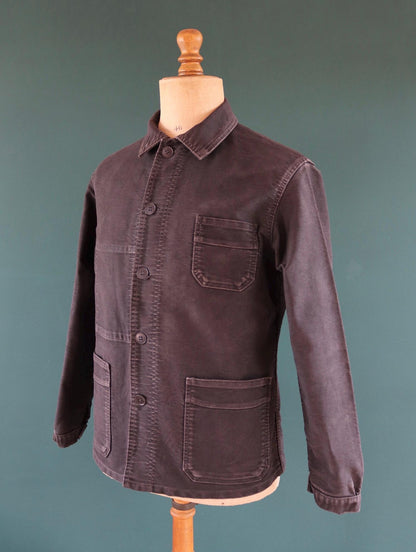 Vintage black moleskin chore jacket - Le Mont St Michel - 1940s French workwear coat - 42" chest
