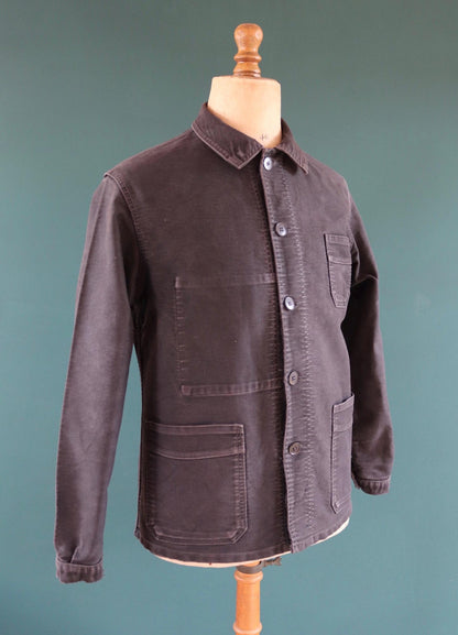 Vintage black moleskin chore jacket - Le Mont St Michel - 1940s French workwear coat - 42" chest