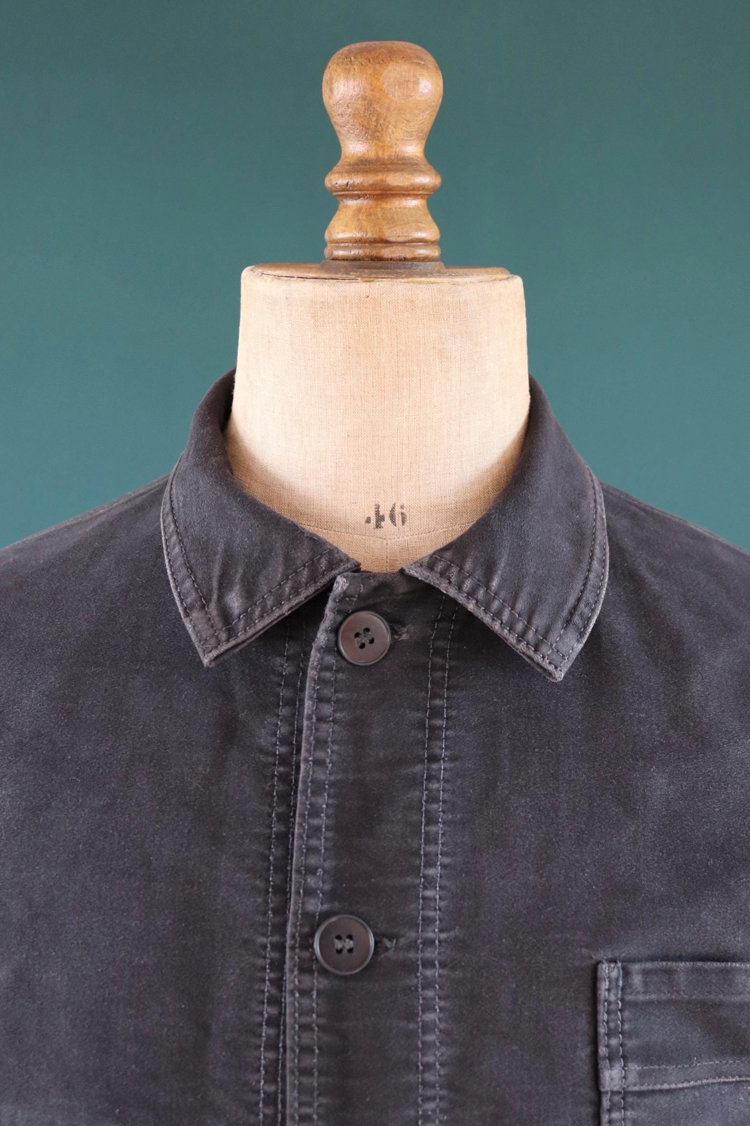 Vintage black moleskin chore jacket - Le Mont St Michel - 1940s French workwear coat - 42" chest