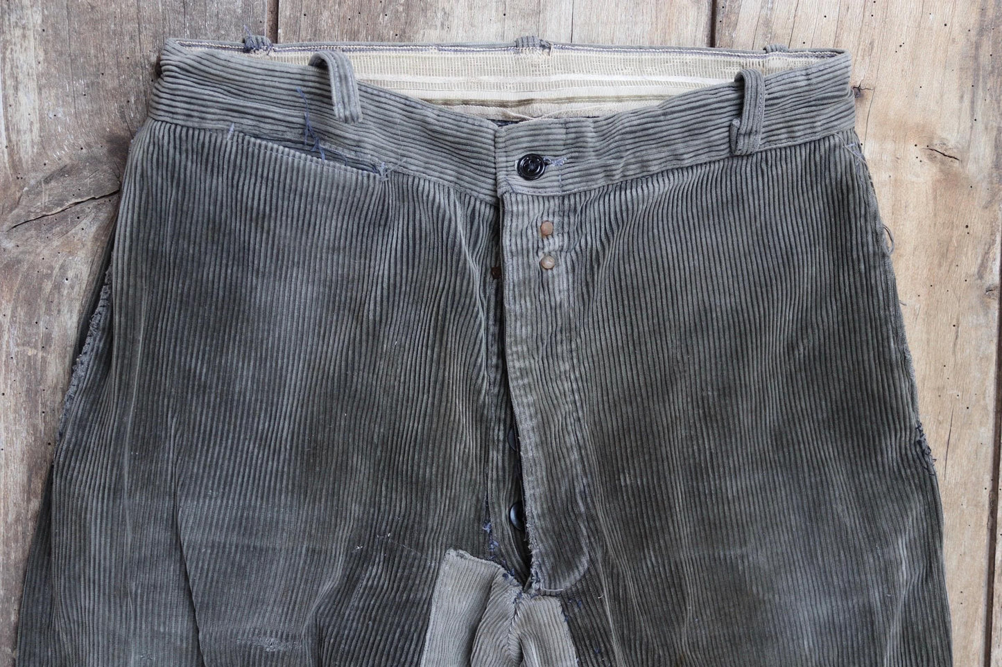 Vintage 1940s French workwear trousers - 1950s brown corduroy chore pants - darned and repaired - 31” x 26”