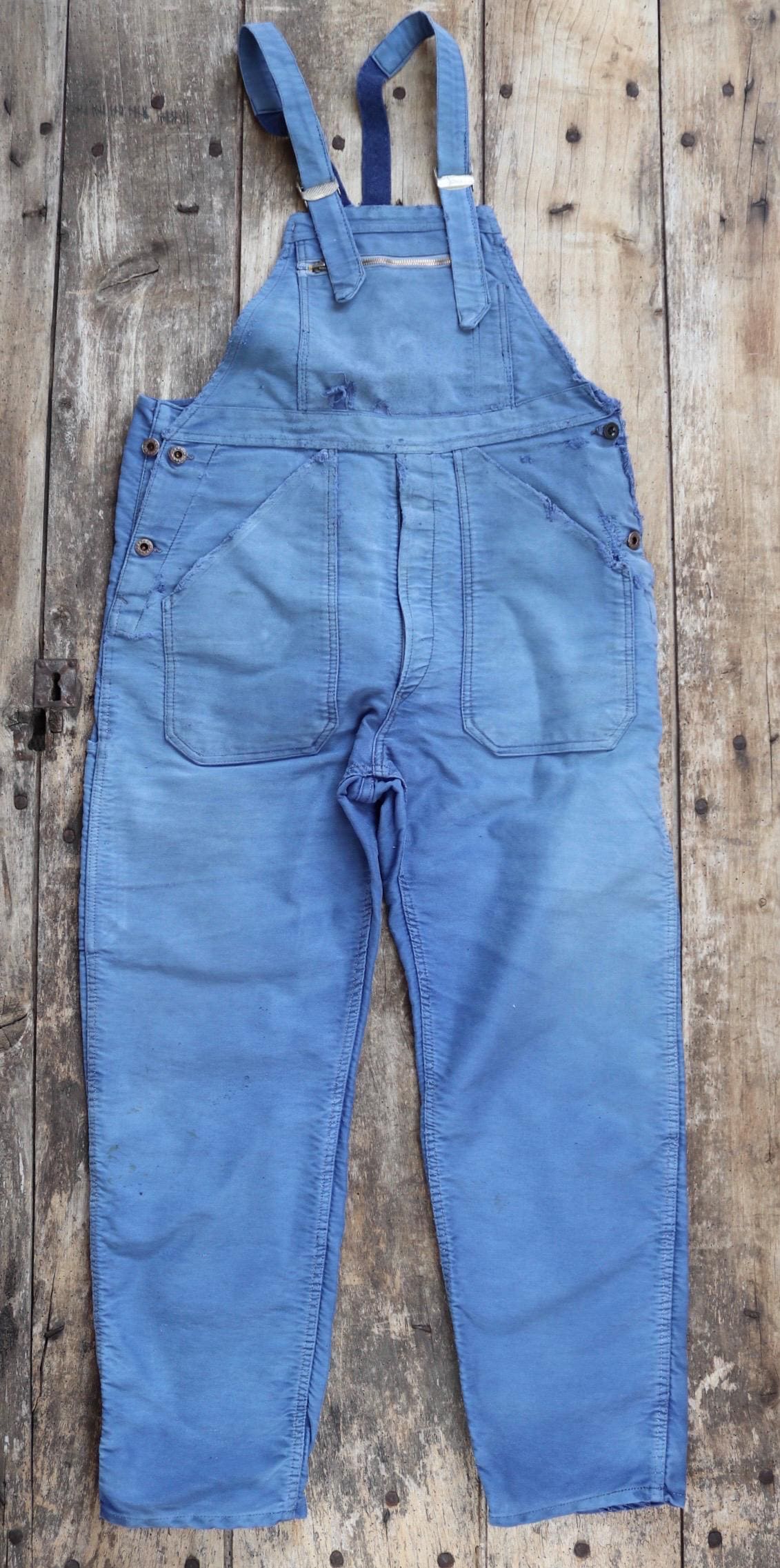 Vintage 1960s Le Mont St Michel overalls - French workwear dungarees - blue moleskin - 38” x 29”