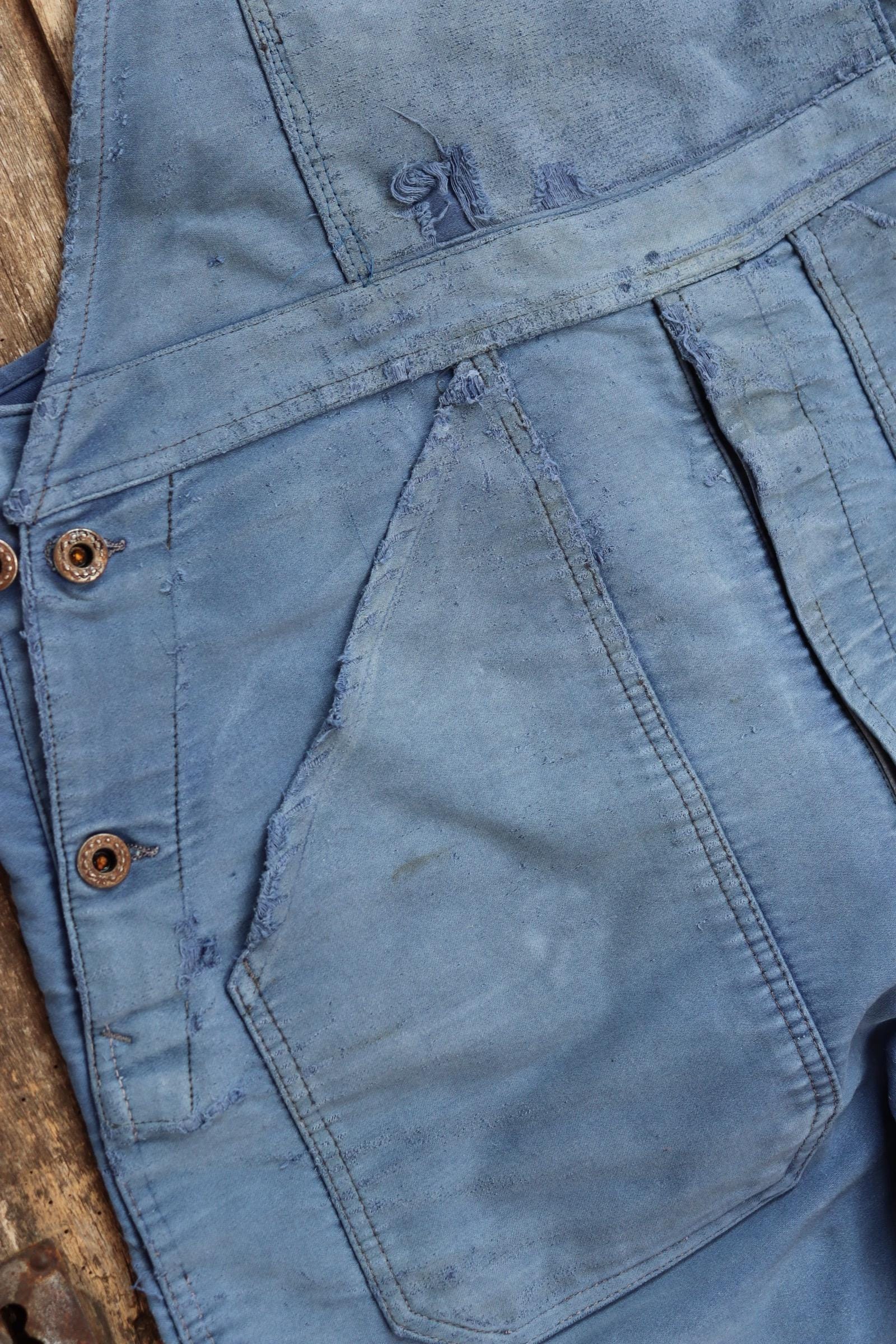 Vintage 1960s Le Mont St Michel overalls - French workwear dungarees - blue moleskin - 38” x 29”
