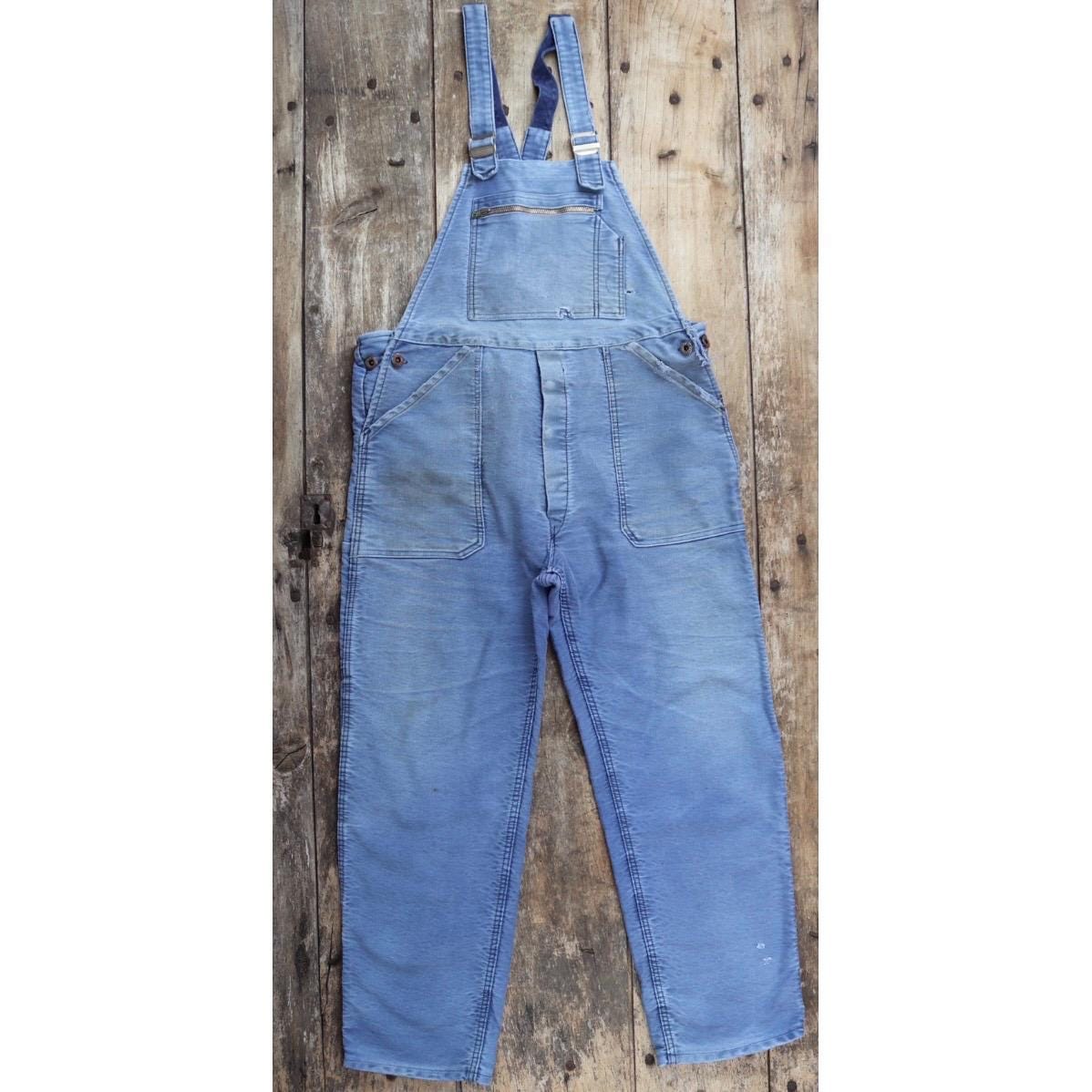 Vintage 1960s French blue moleskin dungarees - Le Mont St Michel overalls - workwear dungarees - 38” x 27”
