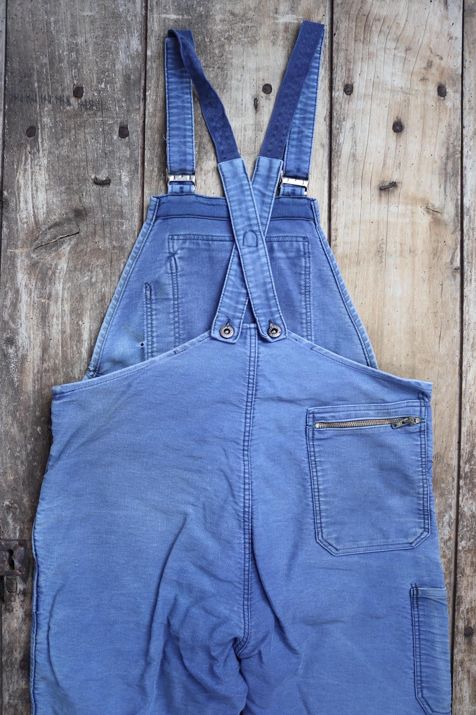 Vintage 1960s French blue moleskin dungarees - Le Mont St Michel overalls - workwear dungarees - 38” x 27”