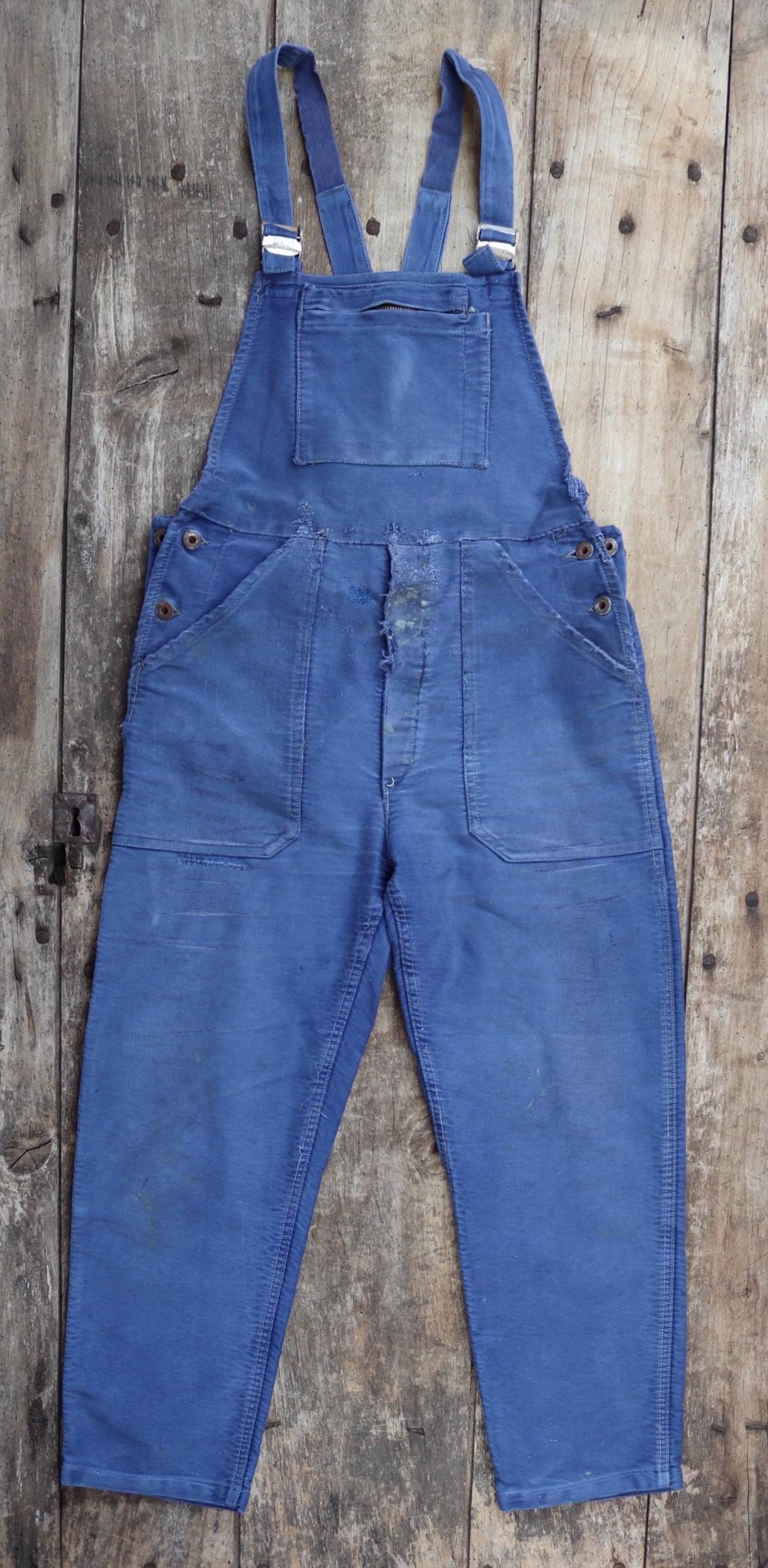 Vintage 1960s French blue moleskin overalls - workwear dungarees - 35” x 27”