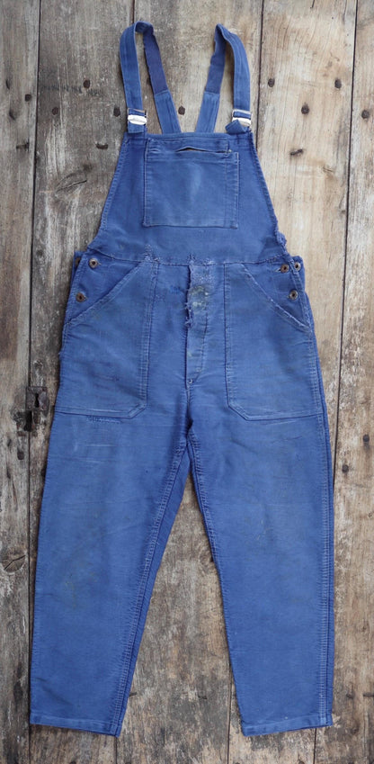 Vintage 1960s French blue moleskin overalls - workwear dungarees - 35” x 27”
