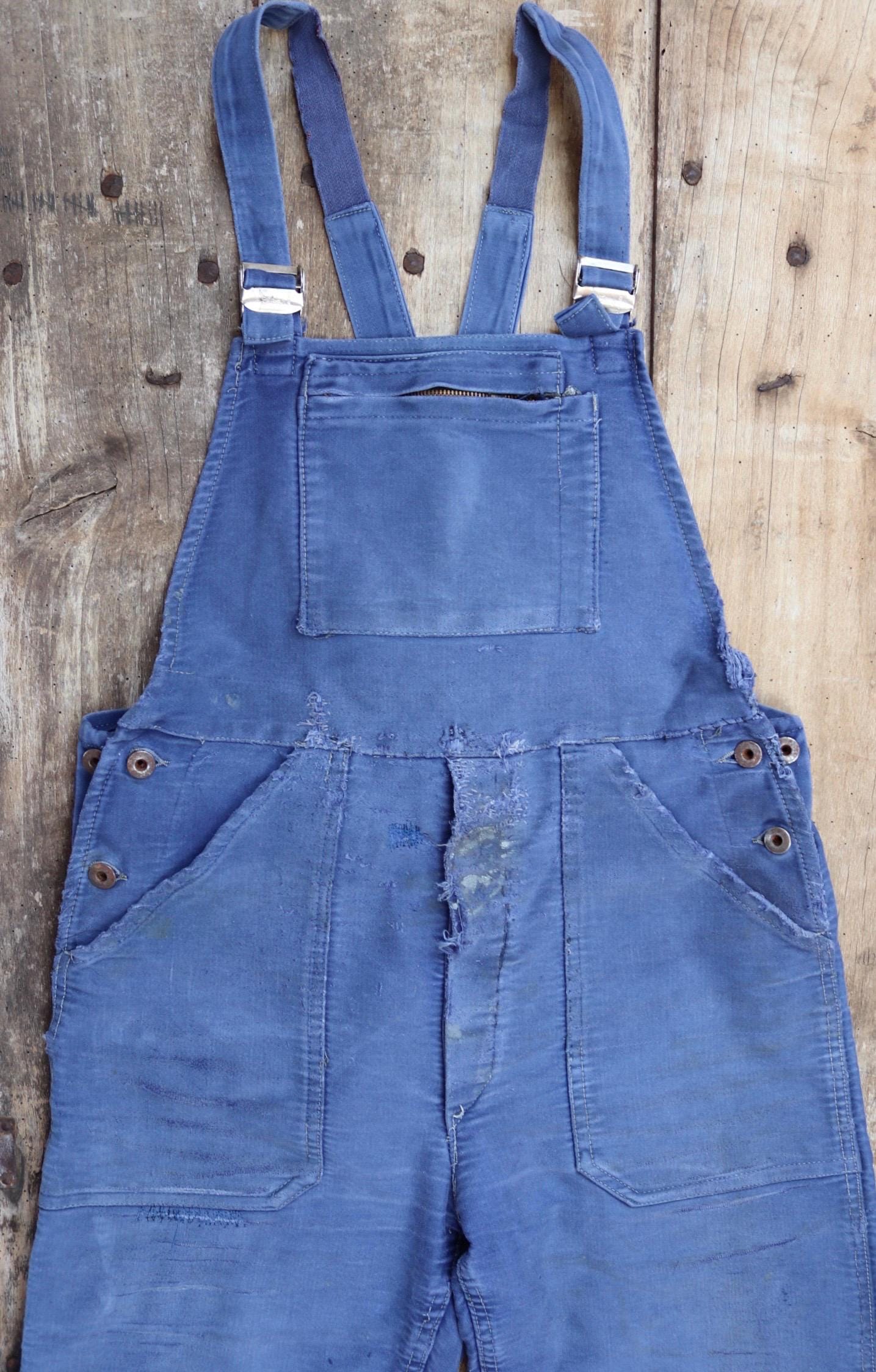 Vintage 1960s French blue moleskin overalls - workwear dungarees - 35” x 27”