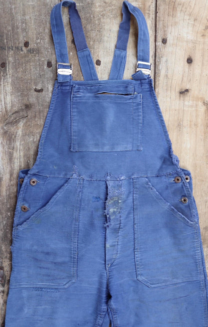Vintage 1960s French blue moleskin overalls - workwear dungarees - 35” x 27”