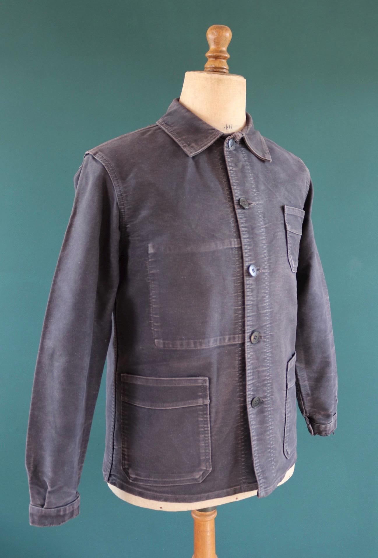 Vintage black moleskin chore jacket - Le Mont St Michel - 1950s French workwear coat - 41" chest