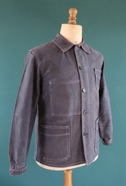 Vintage black moleskin chore jacket - Le Mont St Michel - 1950s French workwear coat - 41" chest