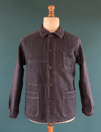 Vintage black moleskin chore jacket - Le Mont St Michel - 1940s French workwear coat - 42" chest