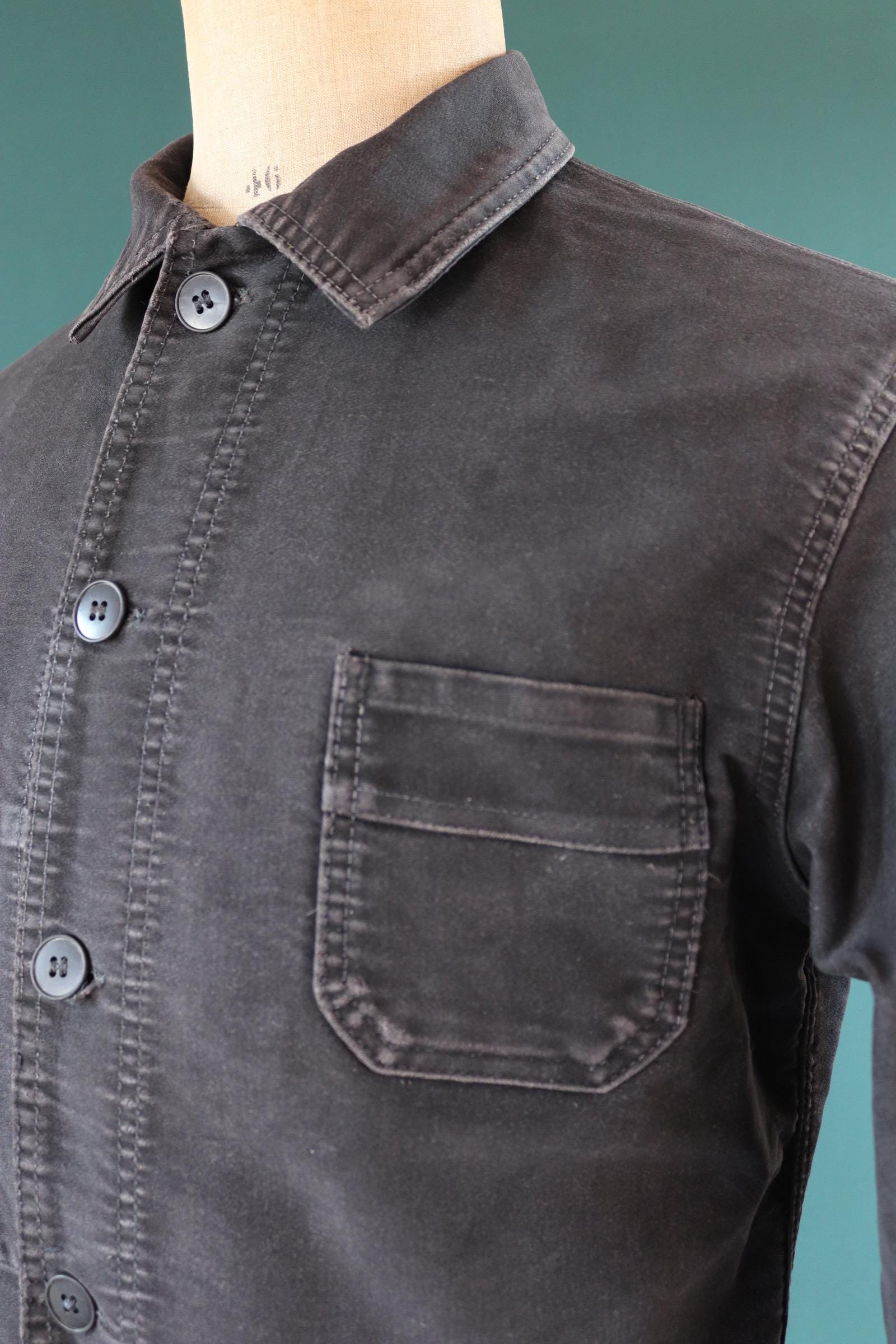 Vintage black moleskin chore jacket - Le Mont St Michel - 1940s French workwear coat - 42" chest