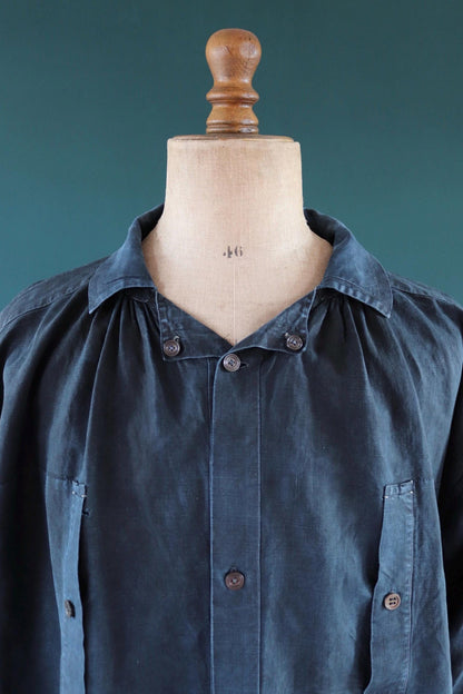 Antique 1900s French indigo biaude - linen workwear smock - 64" chest