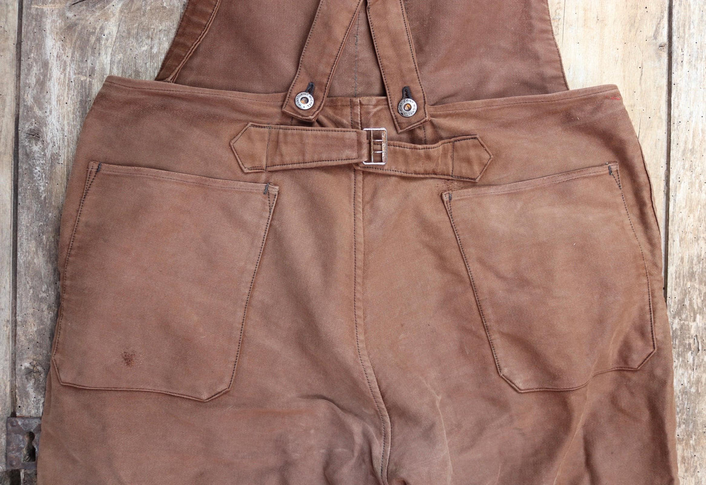 Vintage 1940s Le Mont St Michel overalls - buckle back - repaired and darned - brown moleskin - French workwear dungarees - 38 x 27”