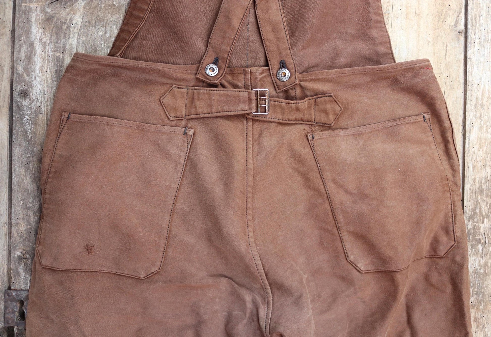 Vintage 1940s Le Mont St Michel overalls - buckle back - repaired and darned - brown moleskin - French workwear dungarees - 38 x 27”