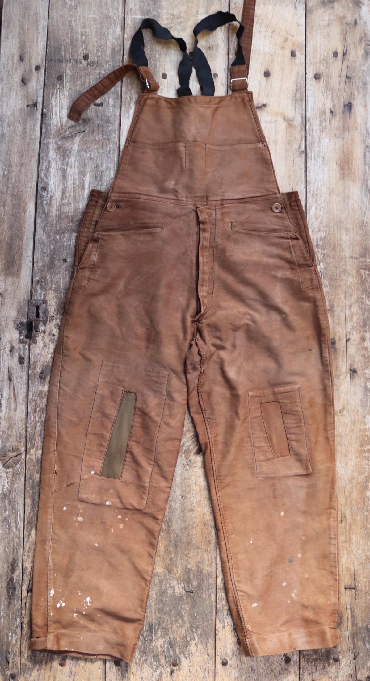 Vintage 1940s Le Mont St Michel overalls - buckle back - repaired and darned - brown moleskin - French workwear dungarees - 38 x 28”